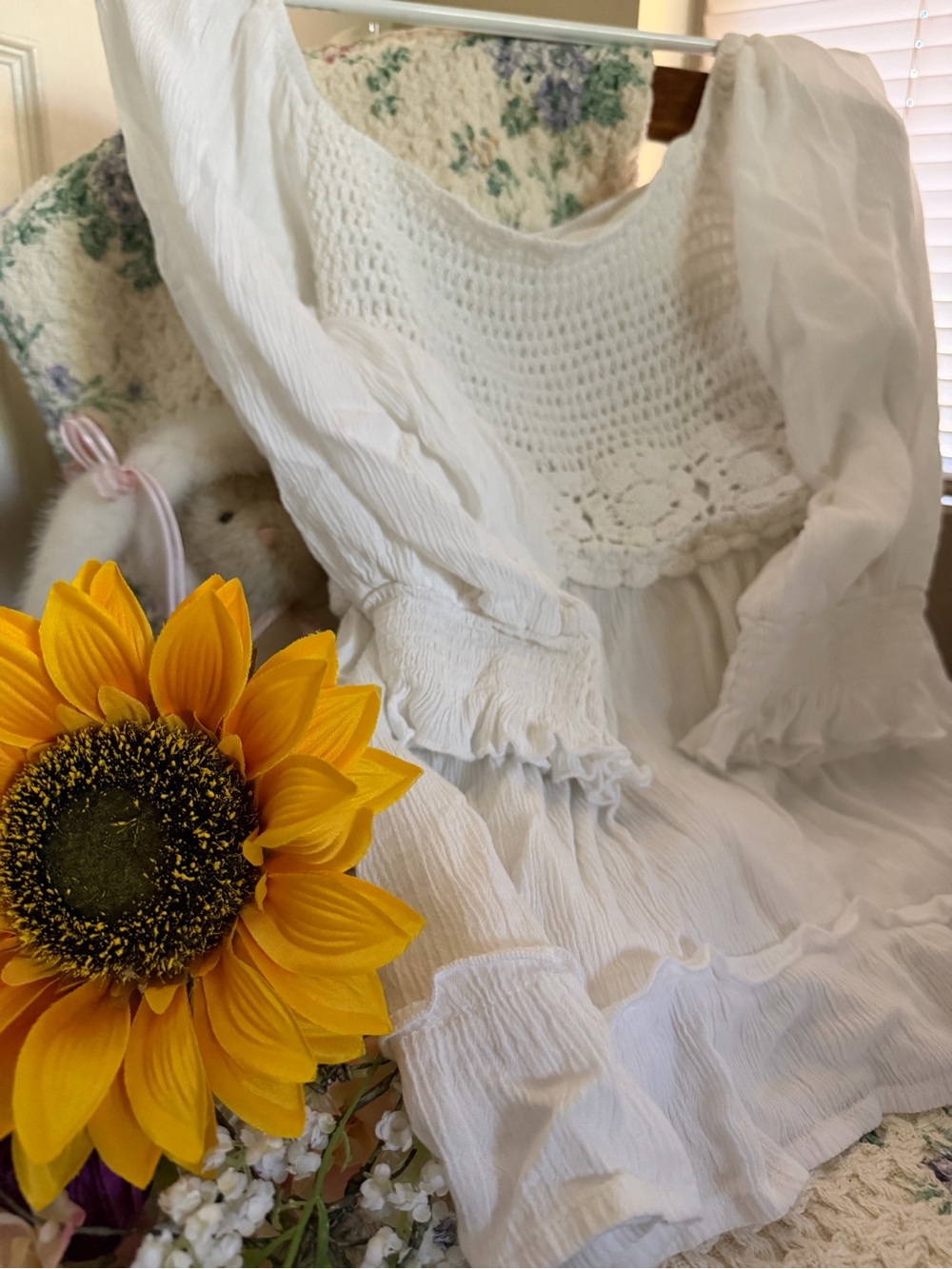 White Boho Crochet Smocked Tunic Top